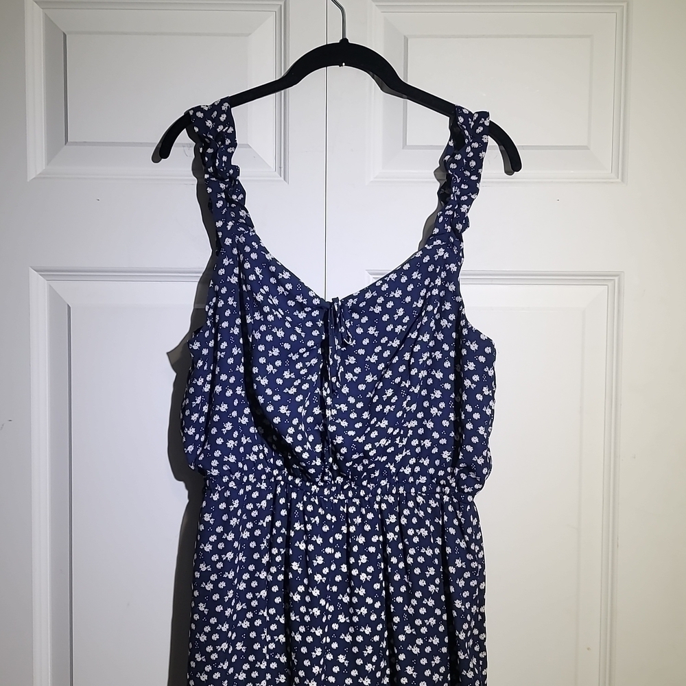 C Label Brand Logo Apparel Navy Ruffle Floral Print Wide Leg Jumpsuit